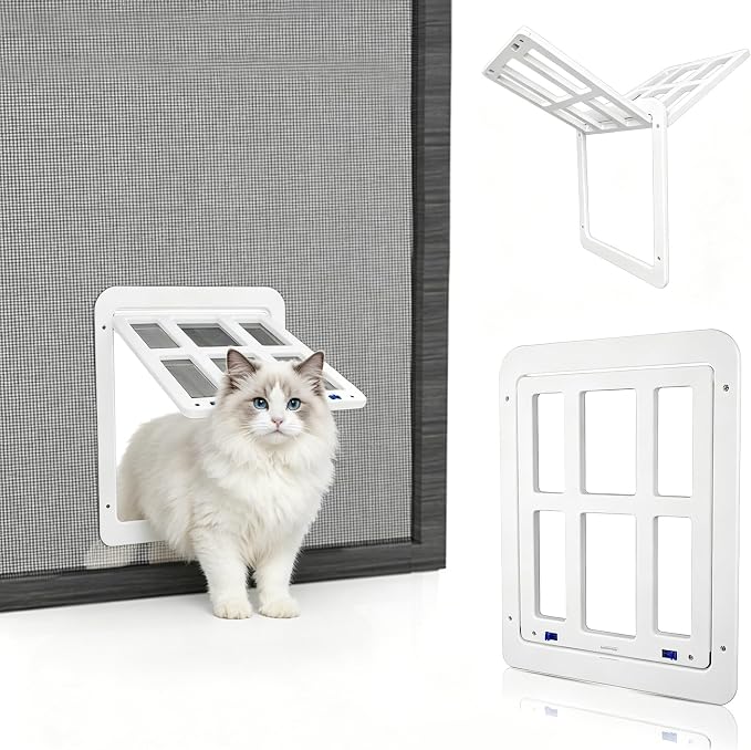 Small Pet Door for Screen & Sliding Doors - 8.3" x 10.3" Magnetic Flap Auto Closing with Lockable Insert, Ideal for Cats and Small Dogs, White