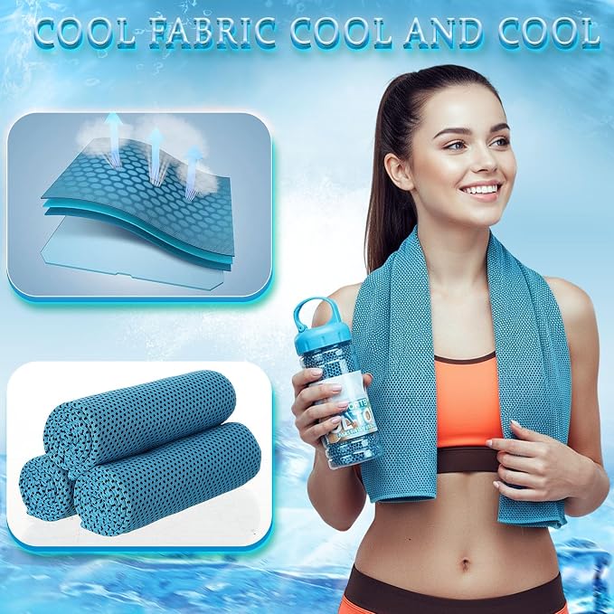 Honoson 10 Pcs Cooling Towels for Neck and Face, 47"x12" Sports Breathable Ice Towels Microfiber Chilly Sweat Rags with Portable Bottle for Gym Golf Athletes Yoga Workout Hot Weather (Light Blue)