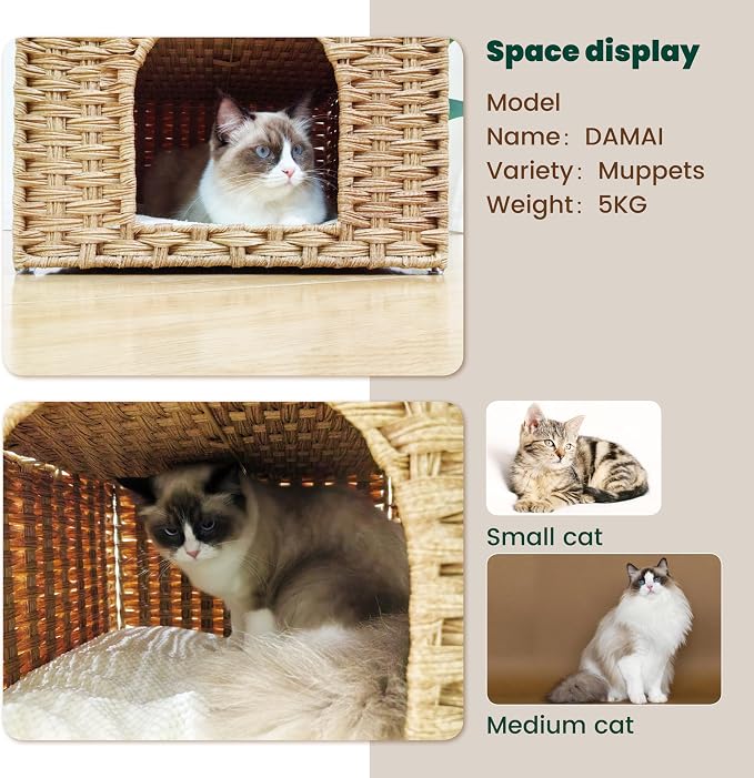 Safety Triple-Layer Cat House for Indoor Cats - Hand-Woven Rattan Cat Cave with 2 Hideaways & 3 Soft Pads - Foldable & Sturdy Cat Condo Furniture for Multiple Cats & Small Pets, Easy Assembly