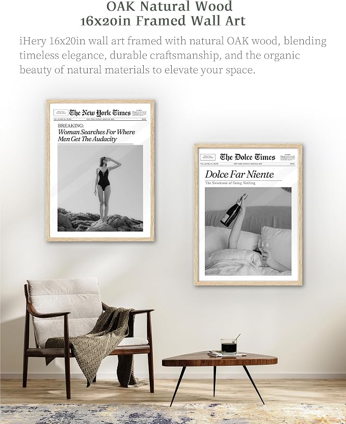 iHery 16x20in Dolce Far Niente Framed Newspaper Wall Art | Natural OAK Wood Frame with Canvas Print, The Sweetness of Doing Nothing Decor for Bedroom, Living Room and Dorm, 1Pack