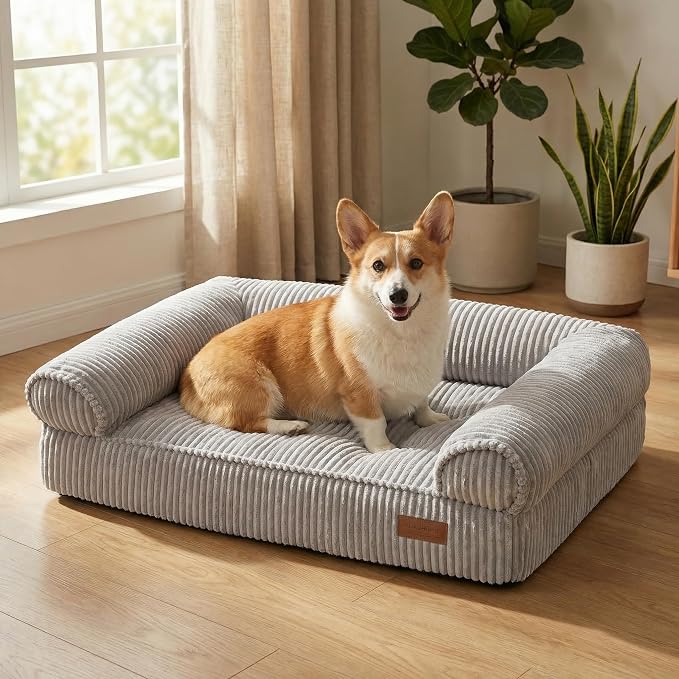 FUKUMARU Cute Dog Bed, Waterproof Corduroy Dogs Couch, 36in Orthopedic Pet Sofa for Medium to Large Dogs Dog, Warm Cotton Pet Bed with Washable Cover, Grey