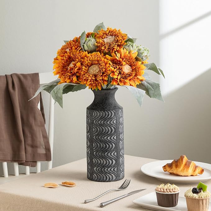 Black Ceramic Vase, 11 Inch Tall Vintage Flower Vase for Decor | Decorative Cylinder Vase Adds Farmhouse Charm to Centerpieces, Table, Shelf, Living Room,Bedroom