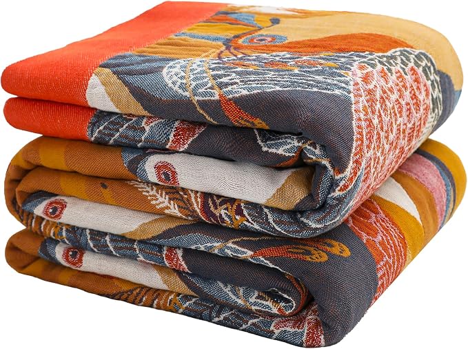 VANJOROY Boho Large Throw Blanket, 100% Organic Cotton Breathable Soft Bed Throw - Floral Bird Farmhouse Decor Blanket for Sofa Couch Chair Quilt and Gift. 60" x 80"- Colorful