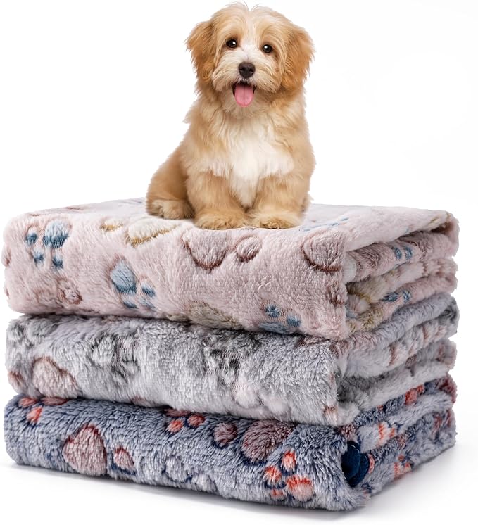 1 Pack 3 Blankets Fluffy Premium Fleece Soft Pet Blanket Flannel Throw for Cat Dog Puppy (Large 41x31'', Paw-Beige/Grey/Navy)