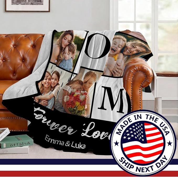 SHIPS NEXT DAY Personalized Mothers Day 2026 Gifts for Mom Wife Grandma Nana from Daughter Son Kids Husband Custom Blanket with Picture Photo Text Customized Blankets Christmas Birthday Gifts