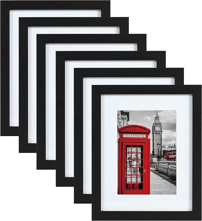 11x14 Picture Frame Set of 6, Wall or Tabletop, Black Woodgrain | Display 8x10 with Mat or 11x14 Without Mat, Horizontal or Vertical, Gallery Wall Frame Set for Wedding & Room & Home Decor