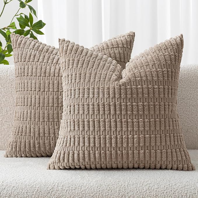 MIULEE Corduroy Decorative Throw Pillow Covers 16x16 Light Brown Pack of 2 | Soft Boho Striped Pillow Covers Modern Farmhouse Fall Home Decor For Sofa Living Room Couch Bed