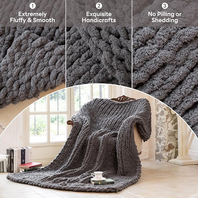 Chunky Knit Blanket - Luxury Soft Cozy 60 * 80 Throw Blanket,100% Woven Blanket Rope Knot Throw Blanket for Couch, Sofa, Home Decor, Gift - Machine Washable (Black Gray, 60 * 80)
