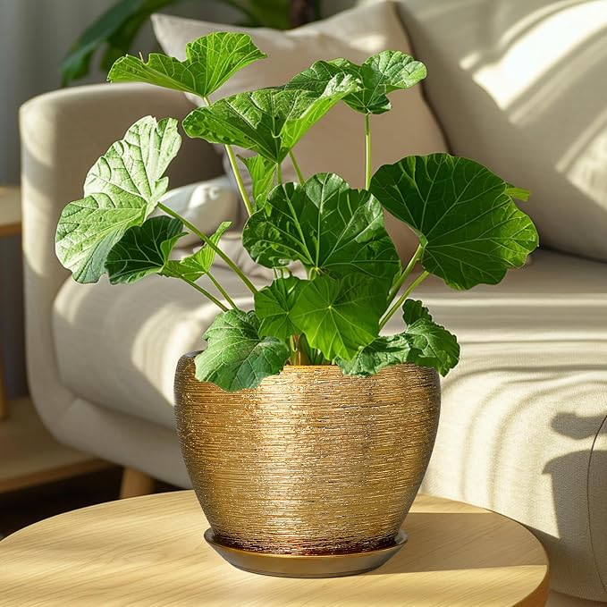Ceramicfor Ceramic Plant Pot 8 Inch - Planter for Outdoor Plants Indoor Plant Pot with Drainage Hole and Saucer Decorative Round Planter Modern Flower Pot for House Decor Gold