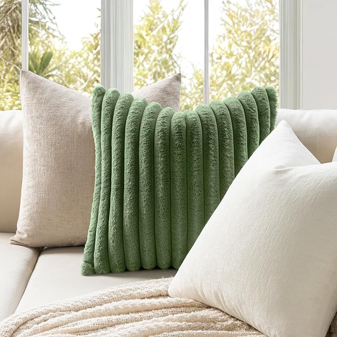 MIULEE Faux Fur Decorative Throw Pillow Covers 20x20 Set of 2 Moss Green | Modern Soft Plush Couch Pillows, Cozy Fluffy Cushion Covers for Sofa Bed Living Room Home Decor