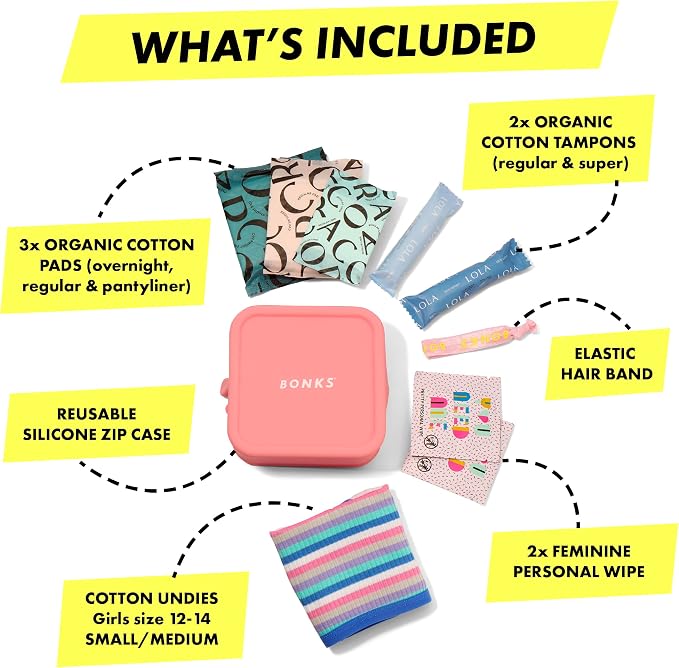 BONKS GoGo Kit - First Period Kit Ages 10-14 (S - M) - Tween Period Starter Kit - Emergency Kit for Girls - Essential Hygiene Kit - Includes Pads, Tampons, Underwear & More