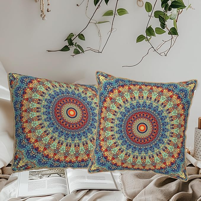 KSLIDS Boho Mandala Floral Soft Velvet Throw Pillow Covers Set of 2 Navy Blue Orange Flower Decorative Pillow Covers 20x20 Inch Abstract Retro Pillow Case for Sofa Couch Outdoor Modern Home Decor