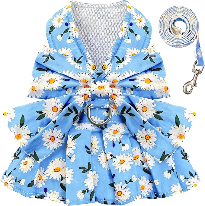 BAEJMJK Dog Dress Bowknot Harness Leash Set for Small Dogs Cats Daisy Floral Girl Dog Dresses Cute Puppy Princess Clothes Pet Doggy Outfits Spring Summer Breathable Dresses(Blue,Large)