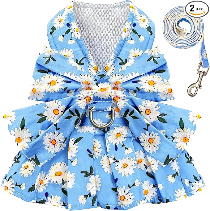 BAEJMJK Dog Dress Bowknot Harness Leash Set for Small Dogs Cats Daisy Floral Girl Dog Dresses Cute Puppy Princess Clothes Pet Doggy Outfits Spring Summer Breathable Dresses(Blue,Small)
