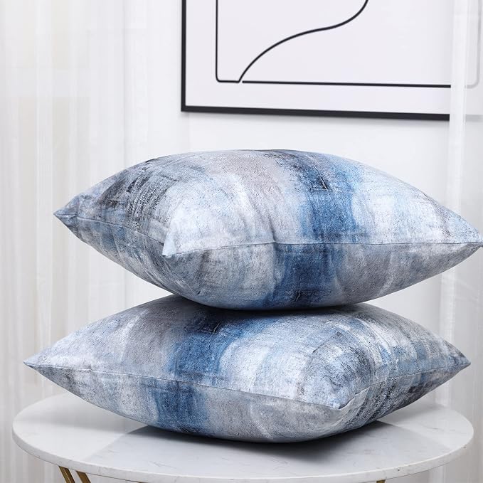 Blue and Grey Abstract Art Artwork Pillow Cover, Gallery Modern Decorative Throw Pillows Cushion Cover for Bedroom Sofa Living Room 18 x 18 Inch Set of 2