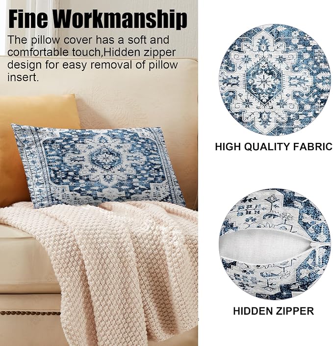 Boho Throw Pillow Covers 12x20 inch Set of 2,Soft Pillowcases Bohemia Carpet Printing Pattern Decorative Sofa Living Room Bed Rectangle Pillow Case Cushion Cover-Blue White