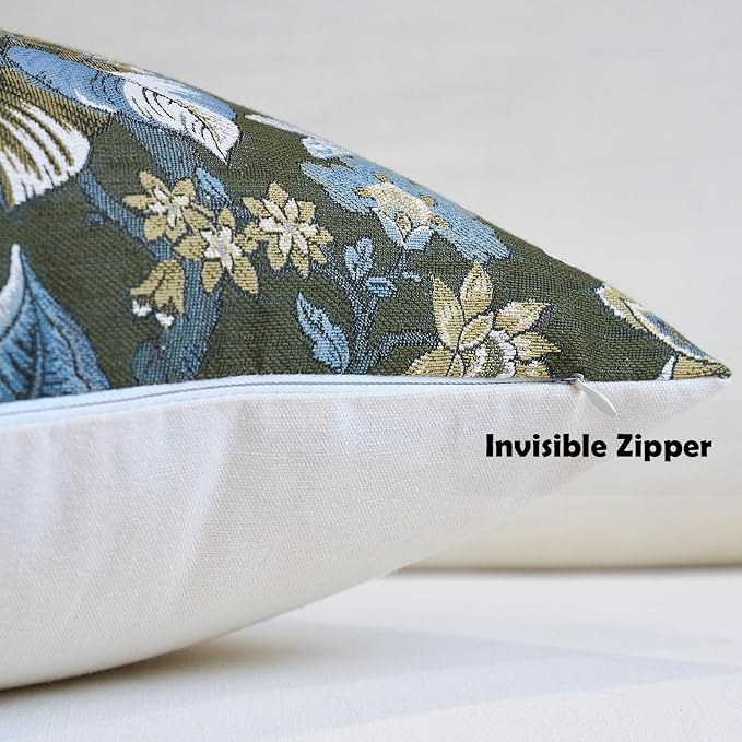 Neutral Floral Pillow Cover 12x20, Vintage Linen Lumbar Pillow Cover Soft Decorative Farmhouse Accent Pillow Case for Couch Bedroom Living Room Home Decor, Green
