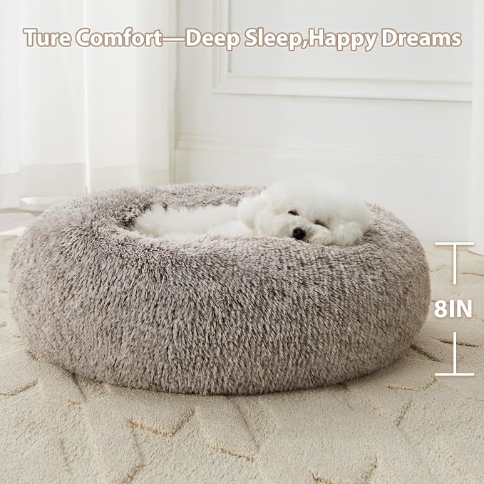 WNPETHOME Medium Round Calming Dog Bed Cat Bed for Comfy Sleep | Dog Bed For Medium Dog, Cute Washable Puppy Bed with Cozy Plush, Fur Anxiety Pet Bed Donut Cuddler (27x27x10In, Light Coffee)