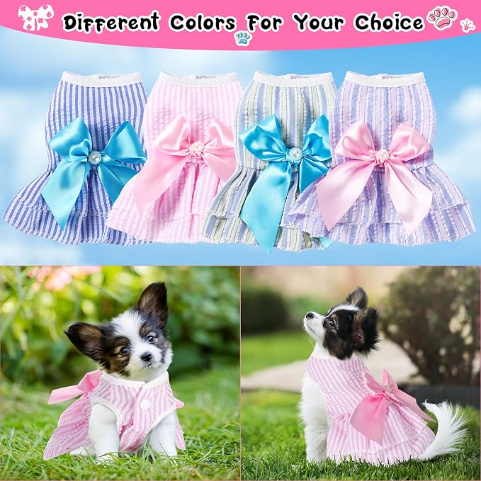 Reginary 4 Pack Princess Dog Dresses for Small Dogs Girl, Tutu Skirt with Pearl Bow, Cute Summer Puppy Clothes, Sleeveless Pet Apparel with Front Buttons for Chihuahua Yorkie Maltese, Cats(Large)