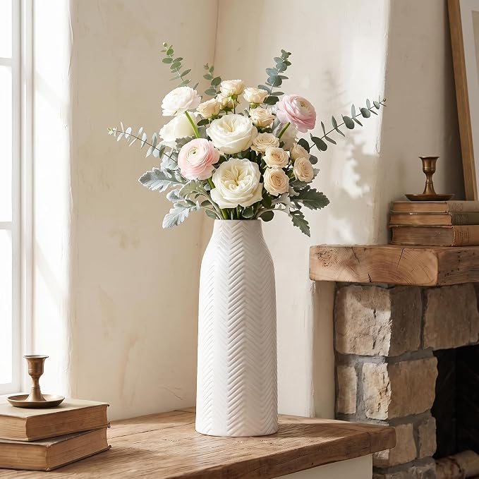hjn Large White Vase for Flowers Ceramic Vase for Home Decor Tall Vases for Your Floor/Kitchen/Office/Living Room/Table- White Texture(Large)