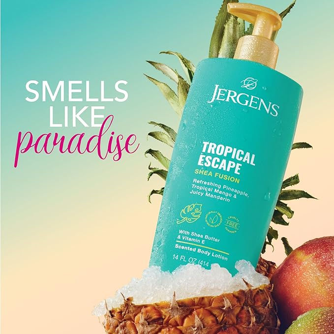 Jergens Shea Fusion Tropical Escape Body Lotion, Scented Lotion, Moisturizing Body Lotion made with Shea Butter and Vitamin E, 14 fl oz