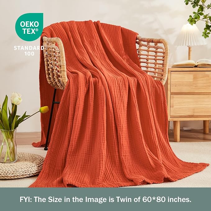 EMME Cotton Muslin Large Throw Blanket Couch Breathable Gauze Soft Lightweight Bed Blankets Adults (Heather Orange Rust, 50"x70")