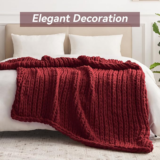 Negwoo Chunky Knit Throw Blanket, Knitted Throw Chenille Yarn, 80"*90" | Soft Thick Cable Knitted Blankets, Handmade Big Thick Blanket, Machine Washable Cute Comfy Blanket for Home Decor, Red