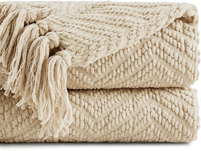 BATTILO HOME Beige Throw Blankets for Couch, Knitted Tan Throw Blanket for Twin Bed, Super Soft Warm Large Throws for Home Decor, 60" x 80"