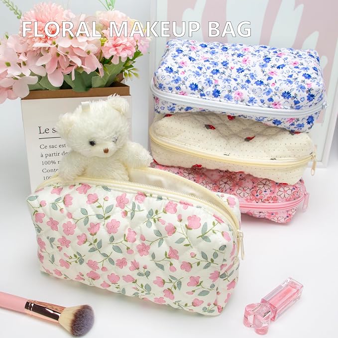PAZIMIIK Small Quilted Makeup Bag,Zipper Cosmetic Pouch,Floral Pink,2 Pack | Lightweight Cosmetic Bag Organizer for Women,Purse Storage Holds Makeup,Toiletries,Skincare,Beauty Essentials,Travel Items