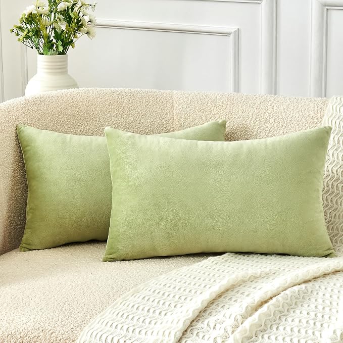 Throw Pillow Covers Sage Green Set of 2 12x20 Inch Pillow Covers, Soft Velvet Lumbar Decorative Pillowcases for Couch Sofa Bed, Home Boho Decor, Modern Farmhouse Cushion Covers