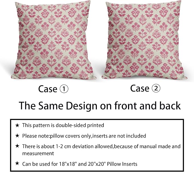 Hot Pink Floral Pillow Covers 24x24 Inch Set of 2, Vintage Flower Block Print Pattern Decorative Throw Pillowcases Outdoor Farmhouse Cushion Covers Spring Summer Rustic Sofa Couch Bed Decor