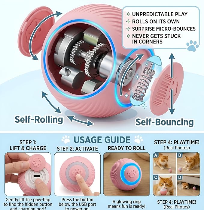 Interactive Cat Toy Ball - Automatic Interactive Cat Toys for Indoor Cats, Rechargeable Cat Enrichment Toys for Small/Medium/Large Cats to Keep Them Busy
