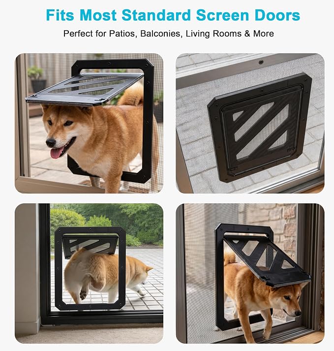 Dog Door for Screen Door, Enhanced Quiet Flap & Sealing Brush, 10.2”x14.3” Opening, Lockable Doggy Screen Door, Magnetic Self-Closing Pet Door-Medium to Large Dogs up to 60 lbs (Black)