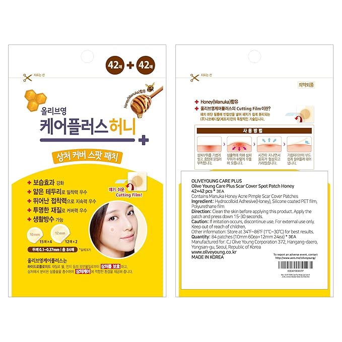 OLIVE YOUNG Care Plus Spot Patch | Hydrocolloid Acne Korean Spot Patch to Cover Zits, Pimples and Blemishes, for Troubled Skin and Face (Manuka Honey, 252 Count (Pack of 3))