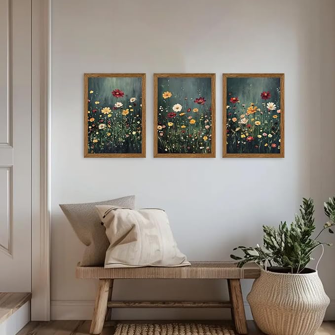 Urmoya 3 Pieces Moody Wildflower Dark Academia Floral Wall Art, 12x16 in | Vintage nature floral landscape wall decor, Wood framed, Ready to hang, Canvas art prints, over sofa, Bedroom, Office