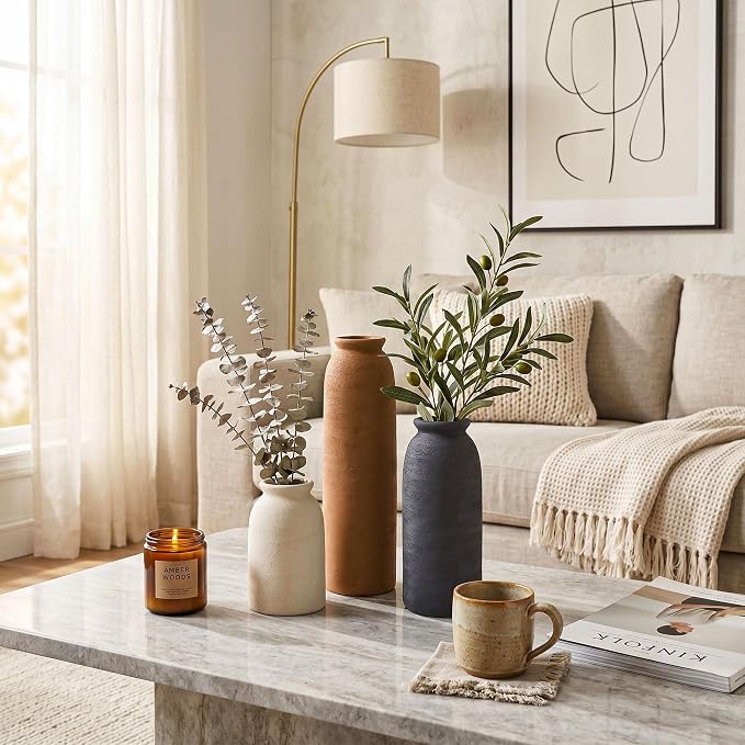 Ceramic Vase Set of 3, Small Flower Rustic Vases Home Table Decor, Modern Farmhouse Neutral Boho Pampas Pottery Vases Decorative for Centerpiece Mantel Entryway Shelf Living Room Kitchen
