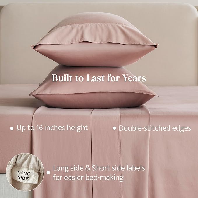 Double Stitch Cotton Tencel Sheet - Bed Sheets Set King Size, 4Pc Luxury Hotel Bedding Set, Soft, Cooling & Breathable for Hot Sleepers, Deep Pocket Up to 16 Inches, Dusty Mauve