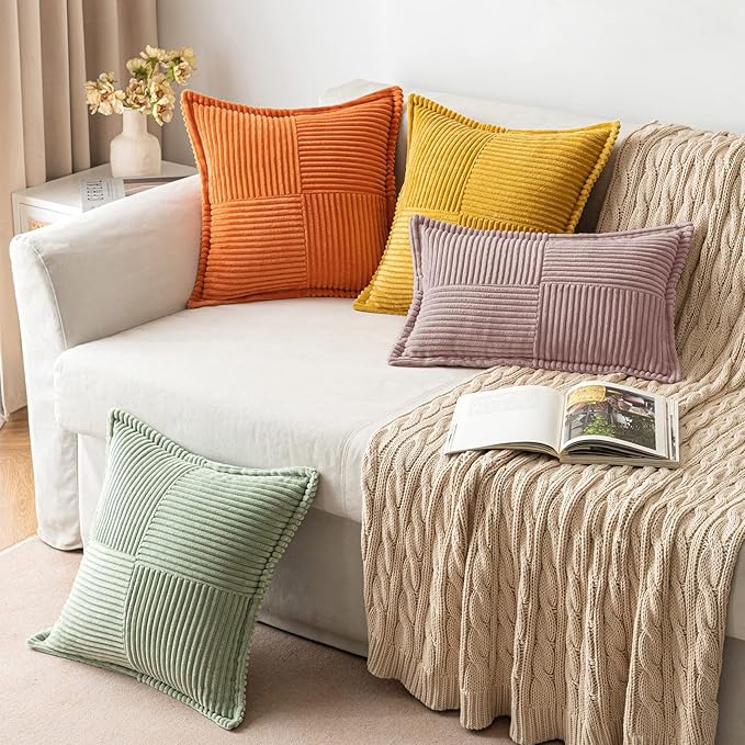 MIULEE Decorative Throw Pillow Covers for Couch 20x20 Inch Blush Pink | 2 Pack, Boho Broadside Striped Patchwork Pillow Covers, Soft Corduroy Cushion Cases, For Sofa Bed Livingroom Home Decor