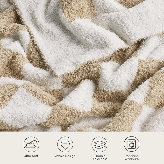 Snuggle Sac Checkered Throw Blanket for Couch, Super Soft, Cozy Warm Knit Blankets, Reversible Fluffy Checker Throws for Sofa, Bed, Checkered Beige, 50x60 Inches