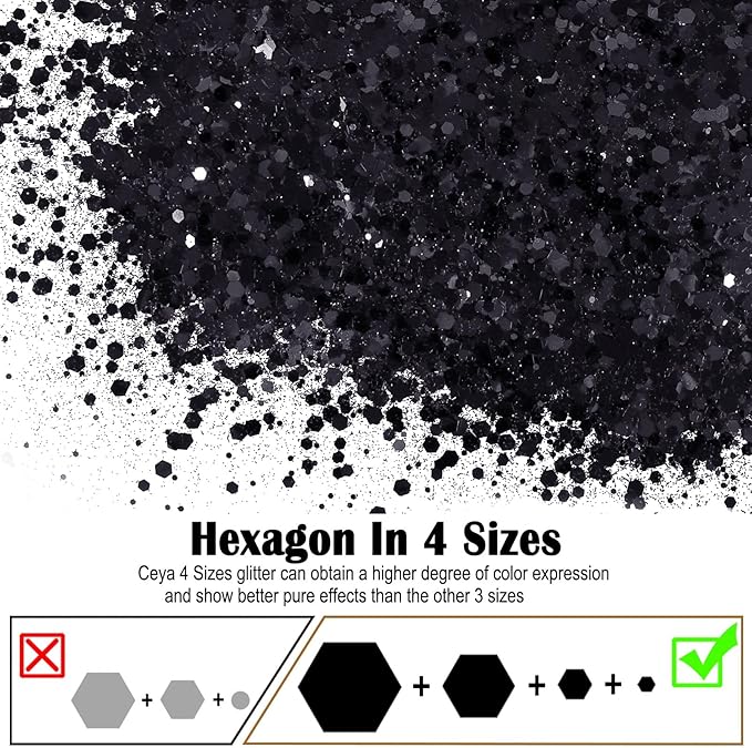 Ceya Chunky Glitter, 1 LB/ 16OZ Black Bulk Craft Glitter Mixed Chunky Fine Glitter Powder Bottled Halloween Glitter Sequins for Black Halloween Bats, Epoxy Resin, Tumbler, Slime, Party, Festival Decor