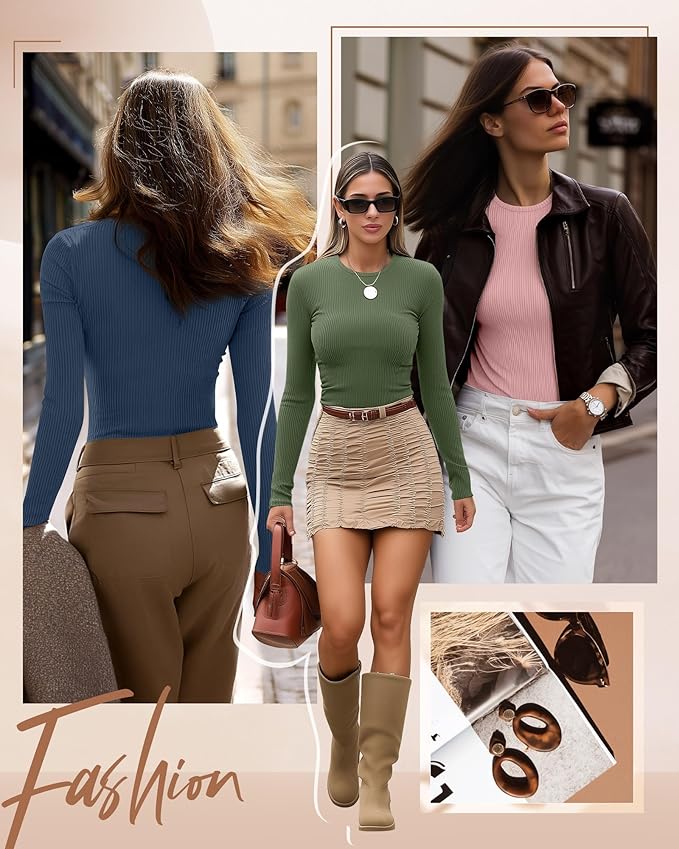Ficerd 3 Pack Women's Ribbed Long Sleeve Tops, Crew Neck Slim Fit Undershirts Knit Basic Casual Stretch Layering Tee Shirts