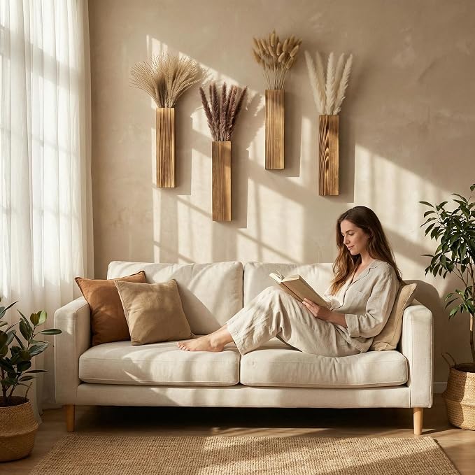Sawoake 4-Piece Wooden Hanging Wall Vase Set with Pampas Grass and Eucalyptus Dried Flowers, Modern Farmhouse Home Decor for Living Room Entryway Bathroom Hallway Dining Room（Brown）
