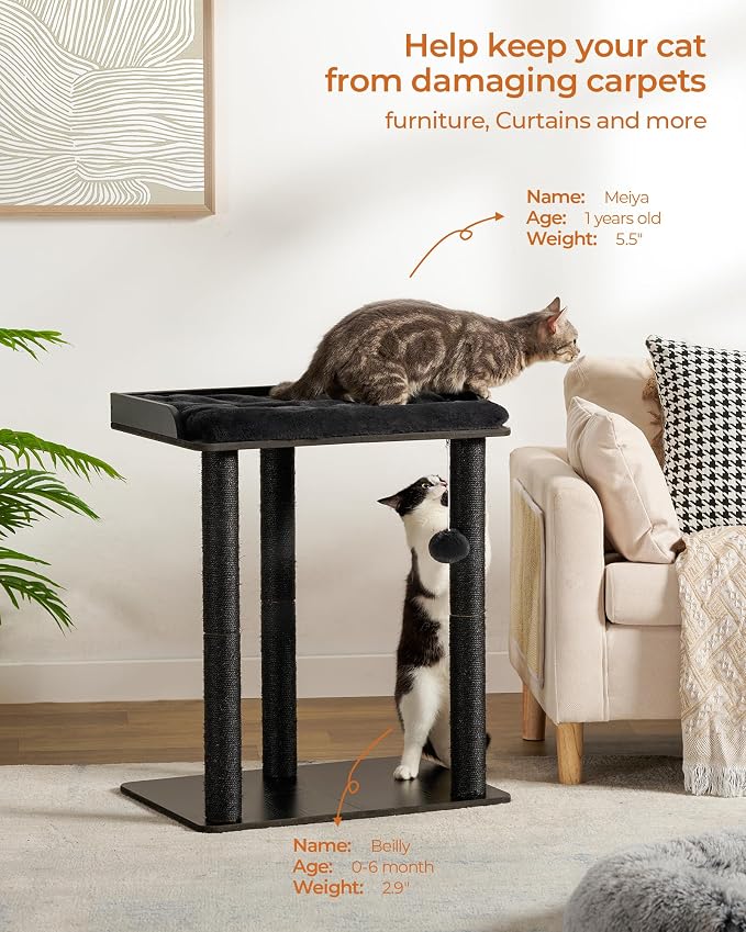 26.7in Cat Tree Tower Condo, Cat Scratch Posts for Indoor Cats, Big Plate, Three 23.6in Full Sisal Scratching Posts, Black
