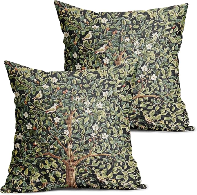 Green Tree Pillow Covers 24X24 Inch Set of 2 Watercolor Forest Bird Floral leaves Decorative Pillow Cases Spring Vintage Leaf Flower Cotton Linen Cushion Case Farmhouse Home Decor For Sofa Couch