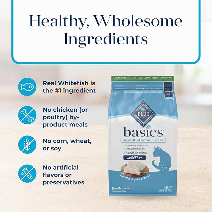 Blue Buffalo Basics Whitefish Grain-Free Dry Cat Food, 5 lb | Skin & Stomach Care, Real Whitefish #1 Ingredient, Limited Ingredient Diet, Antioxidant-Rich LifeSource Bits