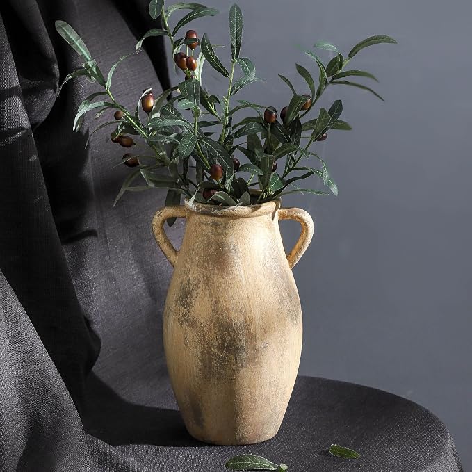 Large Ceramic Vase, 11.3 Inch Tall Farmhouse Vase with 2 Handles | Terracotta Decorative Vase Brings Rustic Charm to Living Room, Entryway, Table Decor and Home Decor, Perfect for Flowers
