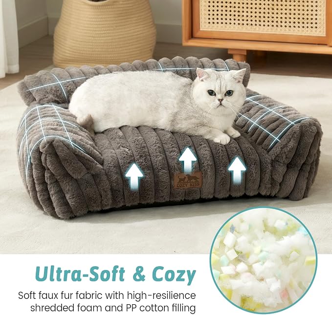 COZY KISS Cute Cat Couch, Fluffy Sofa Bed for Cats and Small Dogs, Premium Faux Rabbit Fur Cats beds for Indoor Cat, Ultra-Soft Supportive Pet Couch Furniture (Grey, S: 25.5''x17.5'')