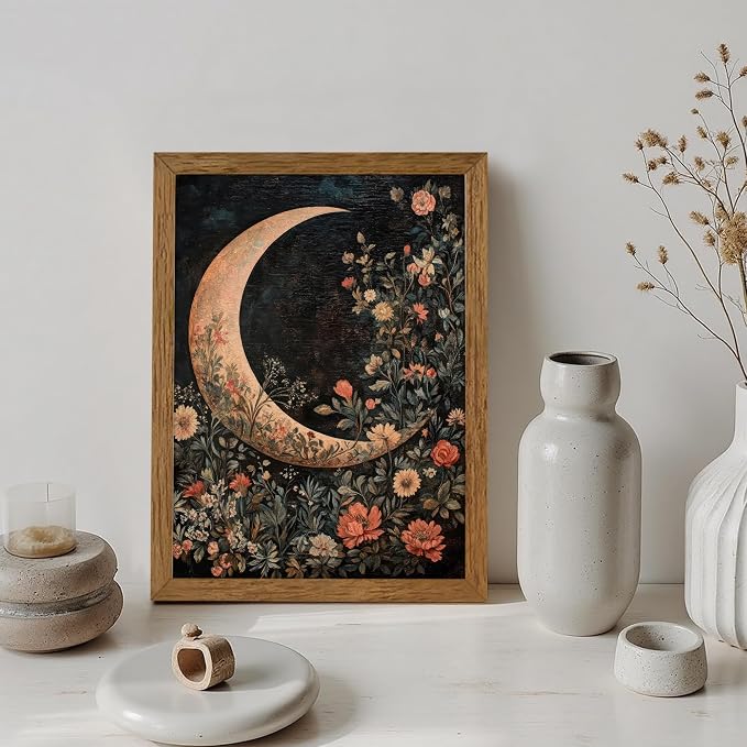 JLTULT Floral Moon Wall Art, Gothic Botanical Framed Canvas, 12 x 16 In | Dark floral moon art on fade-resistant canvas with a ready-to-hang wood frame for bedrooms, living rooms and bathrooms