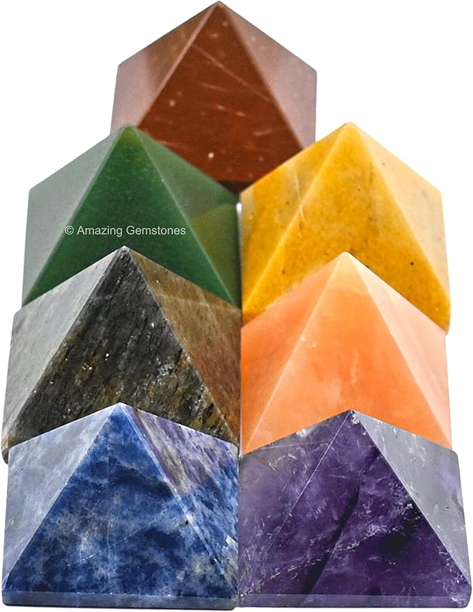 Amazing Gemstone 7 Chakra Pyramid Set for Reiki Healing Crystal with Engraved Reiki Symbols - Energy Balancing Polished Chakra Set with Velvet Pouch
