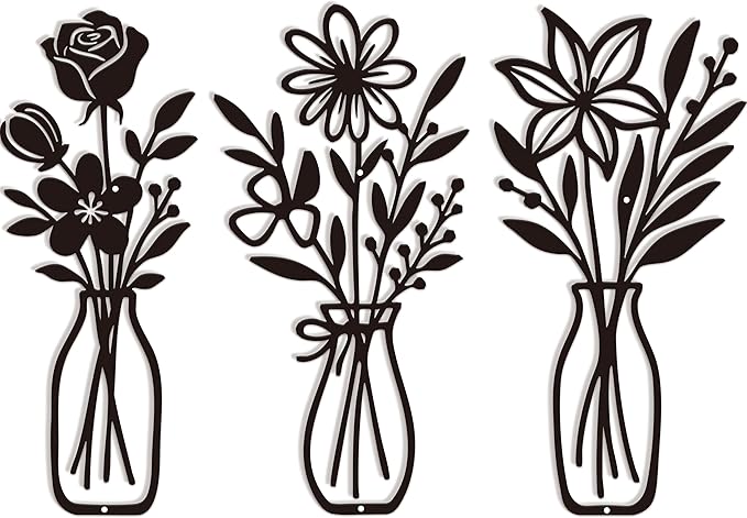 CarryWise 3 Piece Metal Flower Wall Art for Bedroom Living Room Rustic Farmhouse Floral Wall Decor for Bathroom Dining Room Boho Home Decorations Modern Minimalism Walls Hanging Sculptures(Black)